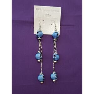 Blue Skull Long Dangle Earrings Halloween Bikercore Punkcore Rocker Goth Boho